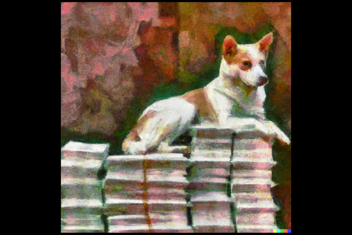 Dalle 2023 05 09 11 59 45 Impressionist Painting Of Dog Sitting On Pile Of Money