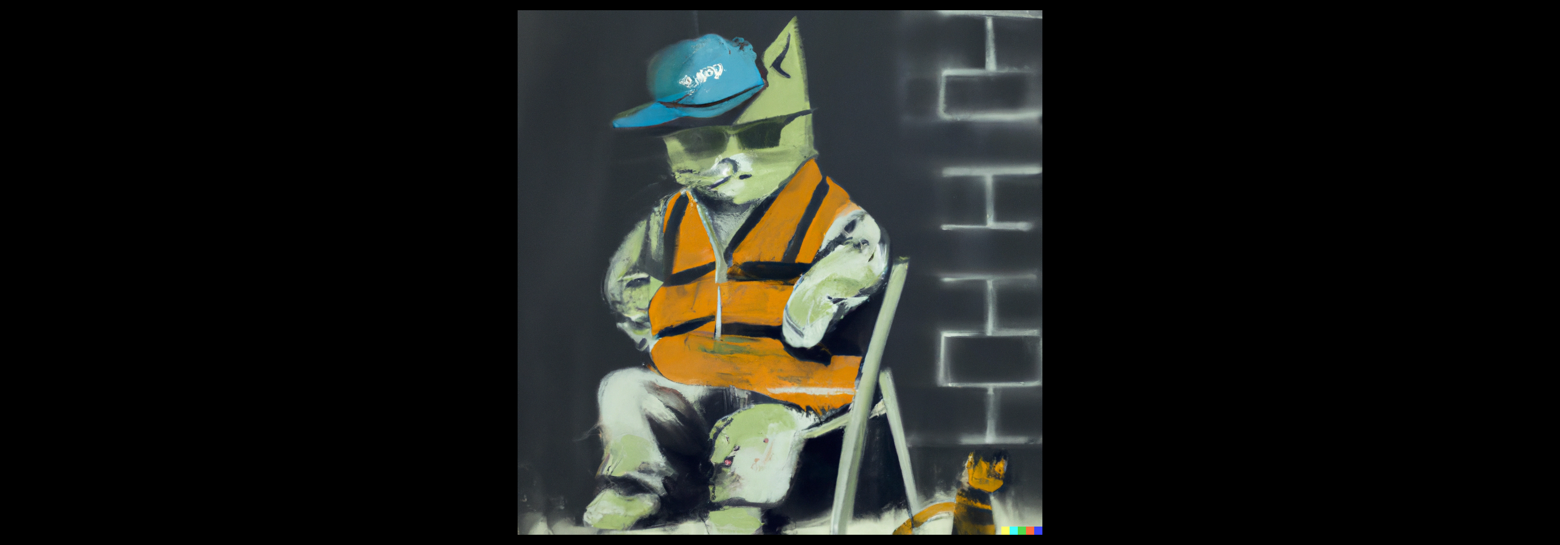 Dall·e 2024 02 14 11 40 41 Spray Paint Graffiti Painting By Banksy Of Cat Dressed As Construction Worker