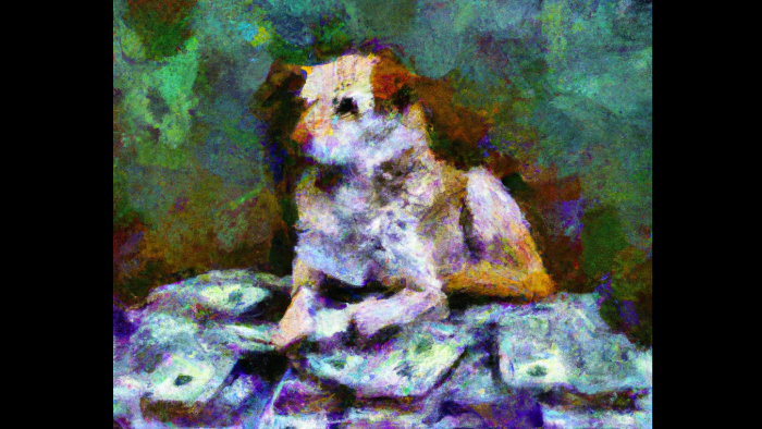 Dall&centerdot;e 2023 05 09 11 59 49 Impressionist Painting Of Dog Sitting On Pile Of Money