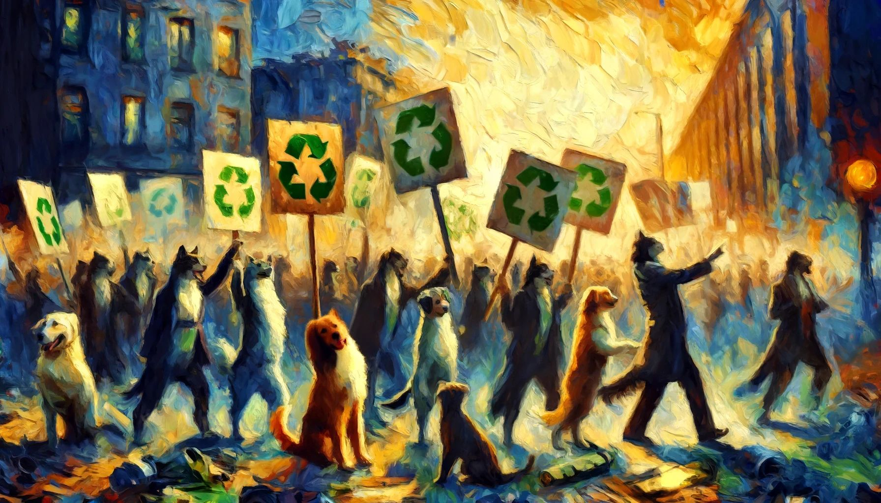 Dall&centerdot;e 2024 05 14 09 27 53 A Dramatic Impressionist Painting Of Dogs And Cats Protesting The Animals Are Depicted Holding Signs With Recycling Symbols On Them The Scene Captur