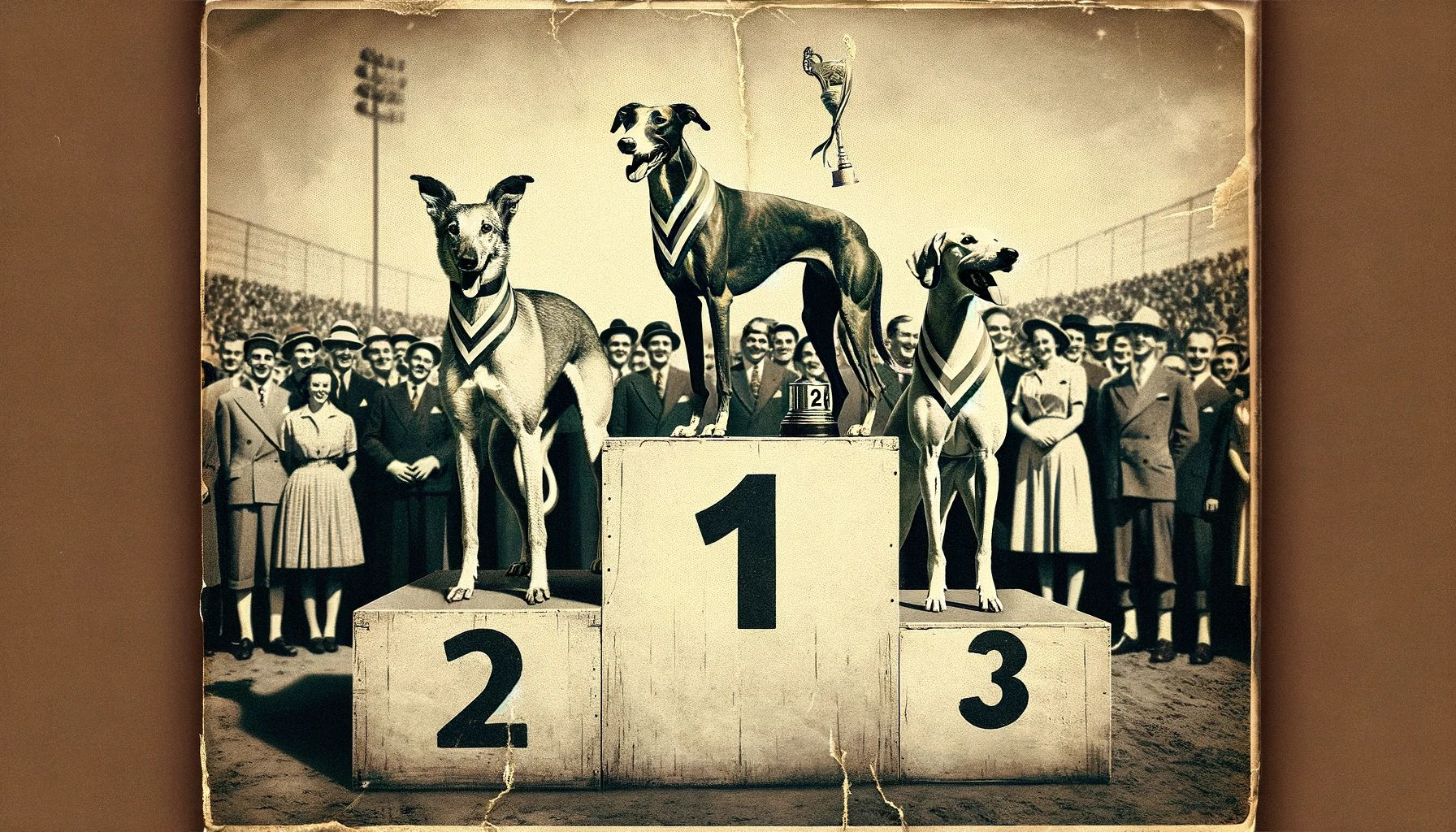 Dall&centerdot;e 2024 05 10 10 00 30 A 1950s Style Black And White Newspaper Photo Depicting Three Dogs Standing On Winners' Podiums After A Race The Tallest Podium In The Center Holds T