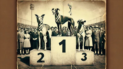 Dall·e 2024 05 10 10 00 30 A 1950s Style Black And White Newspaper Photo Depicting Three Dogs Standing On Winners' Podiums After A Race The Tallest Podium In The Center Holds T