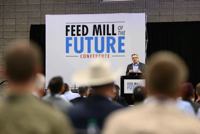 Keynote speaker addressing the audience at the 2024 Feed Mill of the Future Conference.