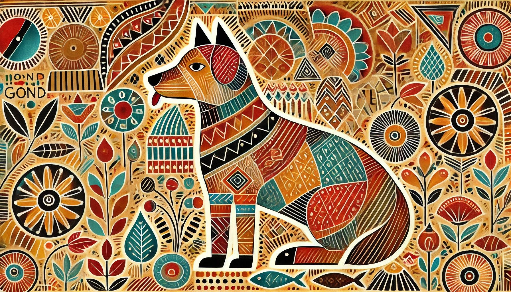 Dall&centerdot;e 2024 10 22 08 45 01 A Gond Painting Of A Dog, Depicted In The Traditional Indian Gond Art Style The Dog Is Shown In A Side Profile, Surrounded By Vibrant And Intricate P