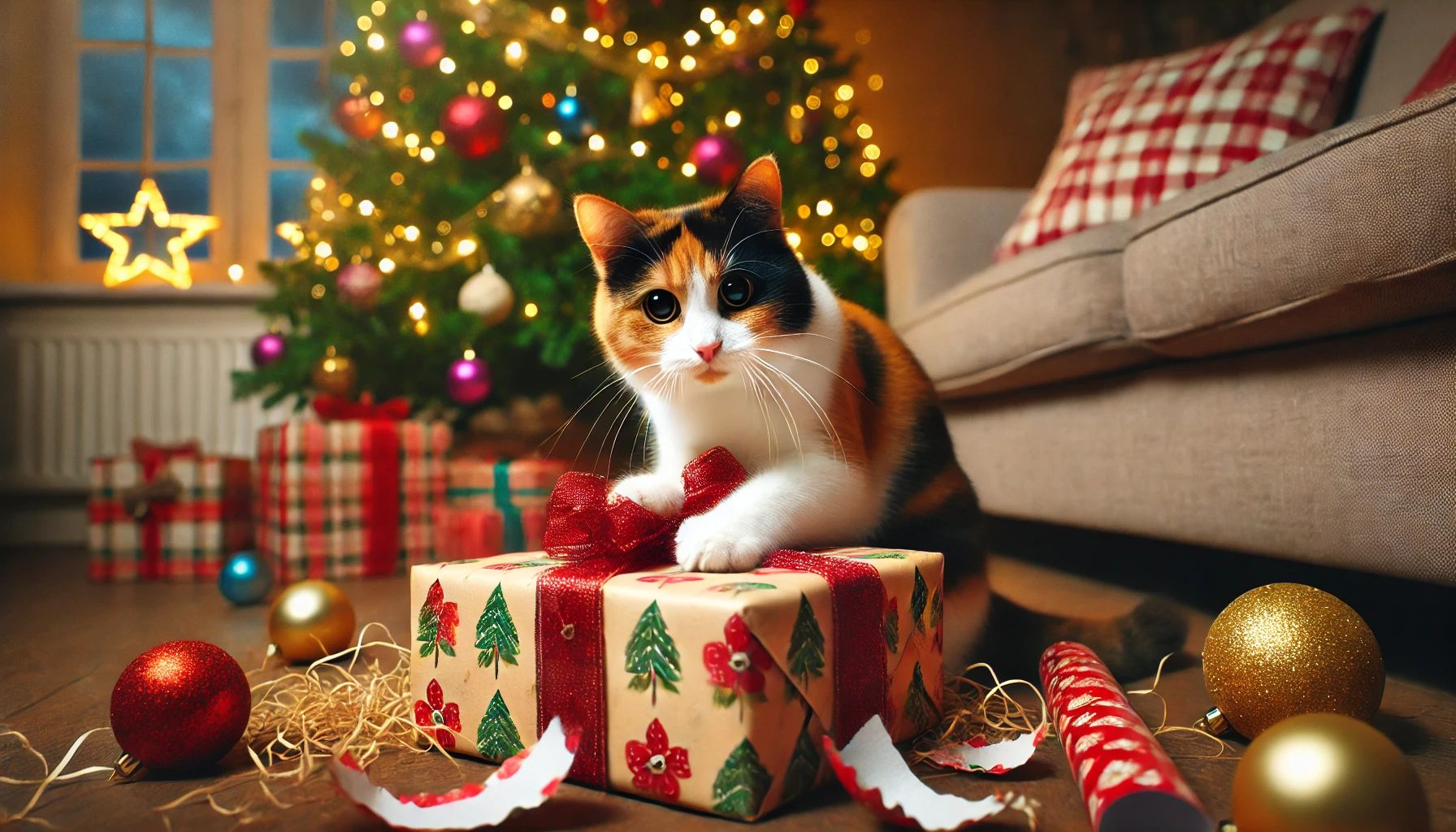 Dall&centerdot;e 2024 12 17 11 27 56 A Calico Cat With A Guilty Expression, Caught In The Act Of Scratching The Wrapping Paper Off A Christmas Present The Scene Is Under A Decorated Chri