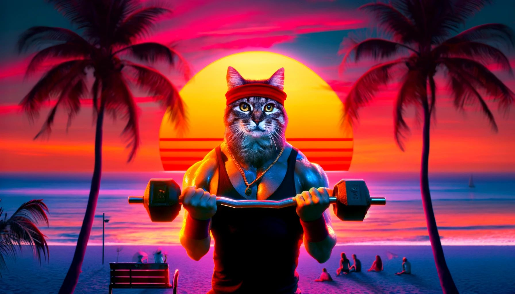Dall&centerdot;e 2024 05 17 09 58 26 A Dramatic Scene From The Training Montage Of An Action Hero In An 80s Movie The Hero Is An Anthropomorphic Cat Wearing A Red Headband, Lifting Weigh