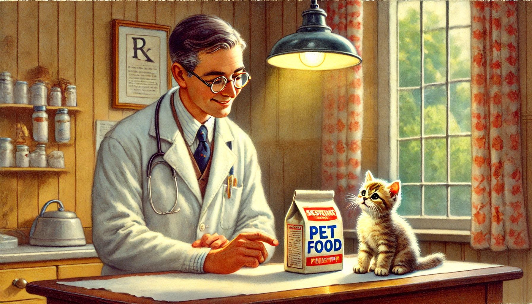 Dall&centerdot;e 2025 03 04 08 39 44 A Nostalgic Watercolor Painting Of A Veterinarian In A Cozy Clinic, Prescribing A Bag Of Pet Food To A Small, Curious Kitten The Veterinarian, Wearin