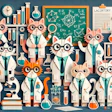 Desenho de gatos vestidos de cientistas trabalhando em um laboratório colorido. Imagem feita por IA.