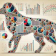 Data visualization dog composed of charts, graphs, and statistical icons in vibrant colors