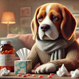 Sick Beagle in sweater surrounded by medicine, tissues, and cold remedy items