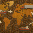 Global trade logistics map with shipping routes connecting continents via cargo vessels and trucks