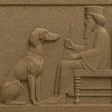 Ancient Mesopotamian stone relief of seated ruler with dog, carved in detailed bas-relief