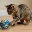 Tabby cat exploring a miniature Earth globe on wooden floor