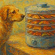 Golden retriever dog watching food steaming in multi-level metal cooker with warm yellow background