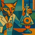 Cubist painting of a cat scientist examining a beaker over a flame