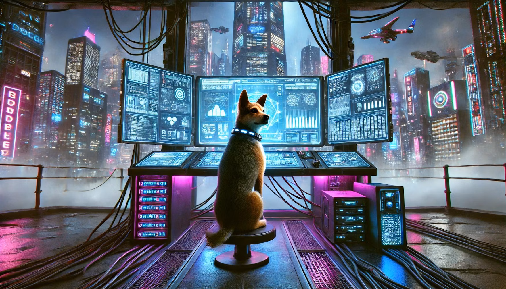 Dalle 2024 10 04 101526 A Cyberpunk Scene Featuring A Dog Working At A Large Futuristic Computer Terminal The Dog A Medium Sized Breed With A Sleek High Tech Collar Sits g Oi5 X Ad Sx O