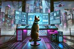 Dalle 2024 10 04 101526 A Cyberpunk Scene Featuring A Dog Working At A Large Futuristic Computer Terminal The Dog A Medium Sized Breed With A Sleek High Tech Collar Sits g Oi5 X Ad Sx O