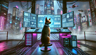 Dalle 2024 10 04 101526 A Cyberpunk Scene Featuring A Dog Working At A Large Futuristic Computer Terminal The Dog A Medium Sized Breed With A Sleek High Tech Collar Sits g Oi5 X Ad Sx O