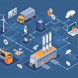 Isometric digital transformation landscape with industrial tech, robots, and connected systems