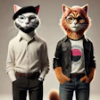 Two stylish anthropomorphic cats dressed in contrasting business and casual outfits