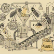 Industrial bee factory showing honey production with machinery and conveyor belts