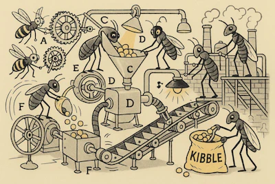 Rube Goldberg Style Cartoon Diagram Showing Insects Working To Produce Kibble They Are In A Factory mwxilv Pu Lc