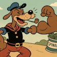 Cartoon dog flexing muscle next to spinach can in vintage illustration style