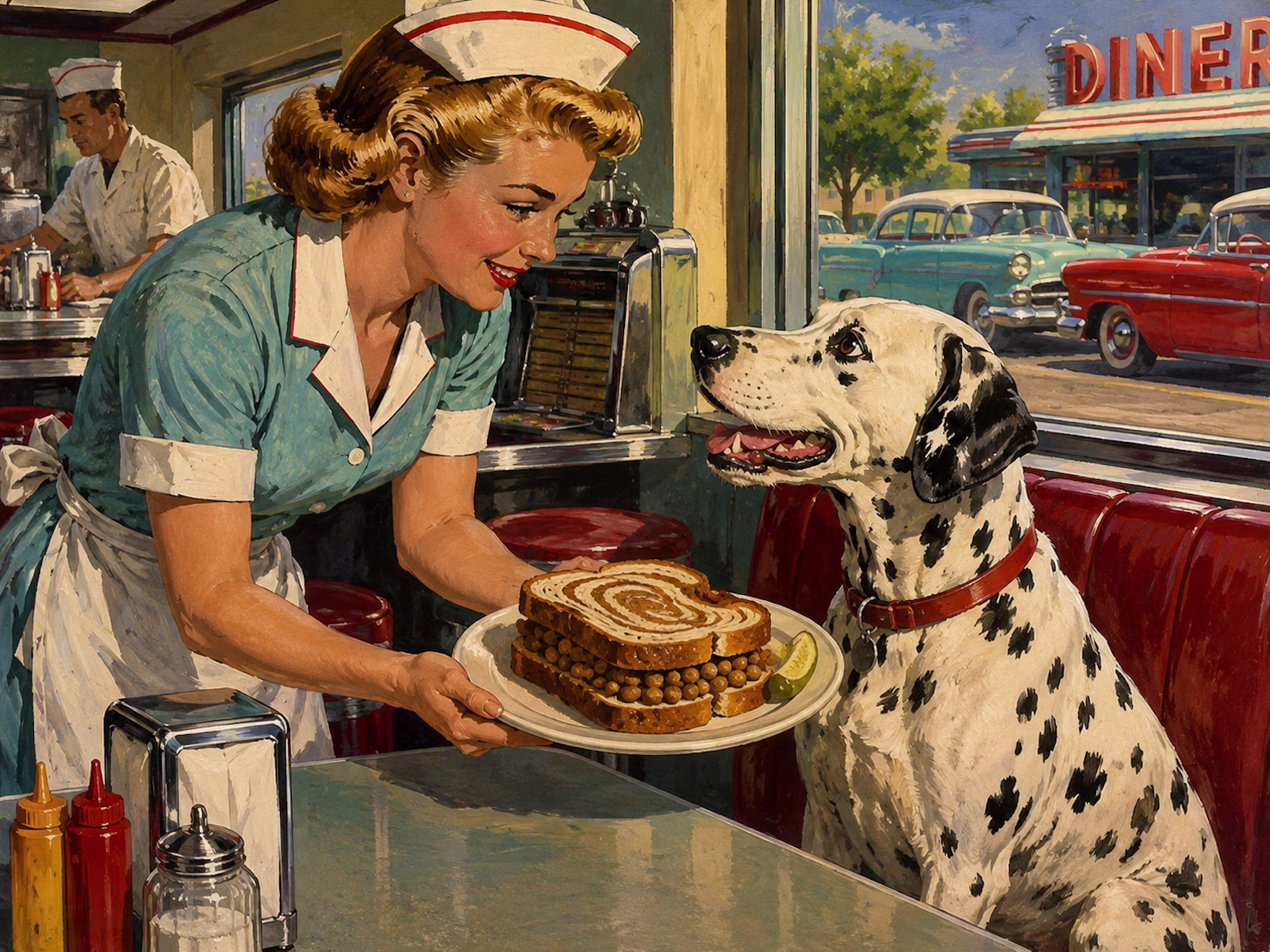 1950s Pop Painting Like From A The Cover Of A Pulp Novel In The Painting A Waitress Serves A Sandwich Made With Marbled Rye Bread To A Realistic Dalmatian Sitting In A Booth 1 Nhksq9 R2v