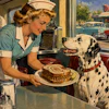 1950s Pop Painting Like From A The Cover Of A Pulp Novel In The Painting A Waitress Serves A Sandwich Made With Marbled Rye Bread To A Realistic Dalmatian Sitting In A Booth 1 Nhksq9 R2v