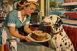 1950s Pop Painting Like From A The Cover Of A Pulp Novel In The Painting A Waitress Serves A Sandwich Made With Marbled Rye Bread To A Realistic Dalmatian Sitting In A Booth 1 Nhksq9 R2v