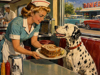 1950s Pop Painting Like From A The Cover Of A Pulp Novel In The Painting A Waitress Serves A Sandwich Made With Marbled Rye Bread To A Realistic Dalmatian Sitting In A Booth 1 Nhksq9 R2v