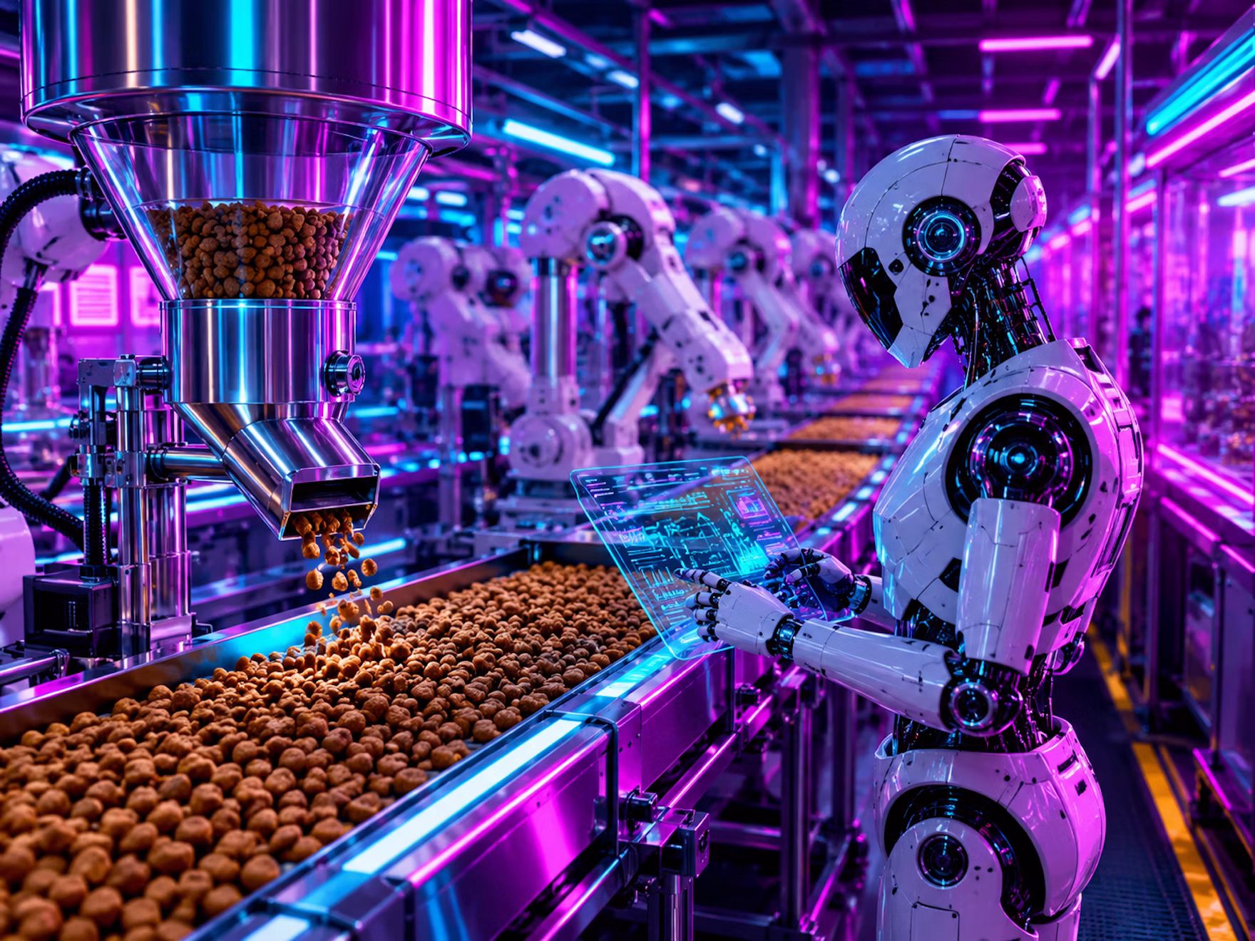 Cyber Punk Synthwave Image Of A Robotic Worker In A Fully Automated Kibble Production Facility Of The Future a Re7 I Ai6 Wb