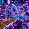 Cyber Punk Synthwave Image Of A Robotic Worker In A Fully Automated Kibble Production Facility Of The Future a Re7 I Ai6 Wb