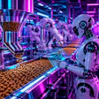 Cyber Punk Synthwave Image Of A Robotic Worker In A Fully Automated Kibble Production Facility Of The Future a Re7 I Ai6 Wb
