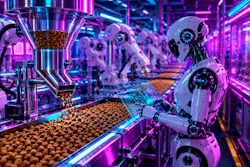 Cyber Punk Synthwave Image Of A Robotic Worker In A Fully Automated Kibble Production Facility Of The Future a Re7 I Ai6 Wb