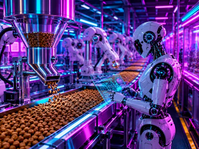 Cyber Punk Synthwave Image Of A Robotic Worker In A Fully Automated Kibble Production Facility Of The Future a Re7 I Ai6 Wb