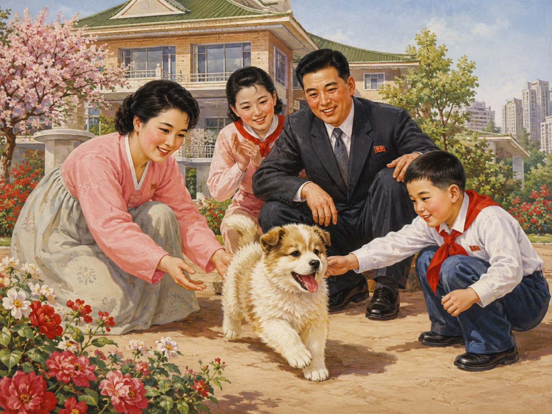 Traditional North Korean Painting Of A Puppy With A Happy Wealthy North Korean Family jbv2 Fb Jj69