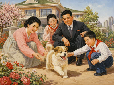 Traditional North Korean Painting Of A Puppy With A Happy Wealthy North Korean Family jbv2 Fb Jj69