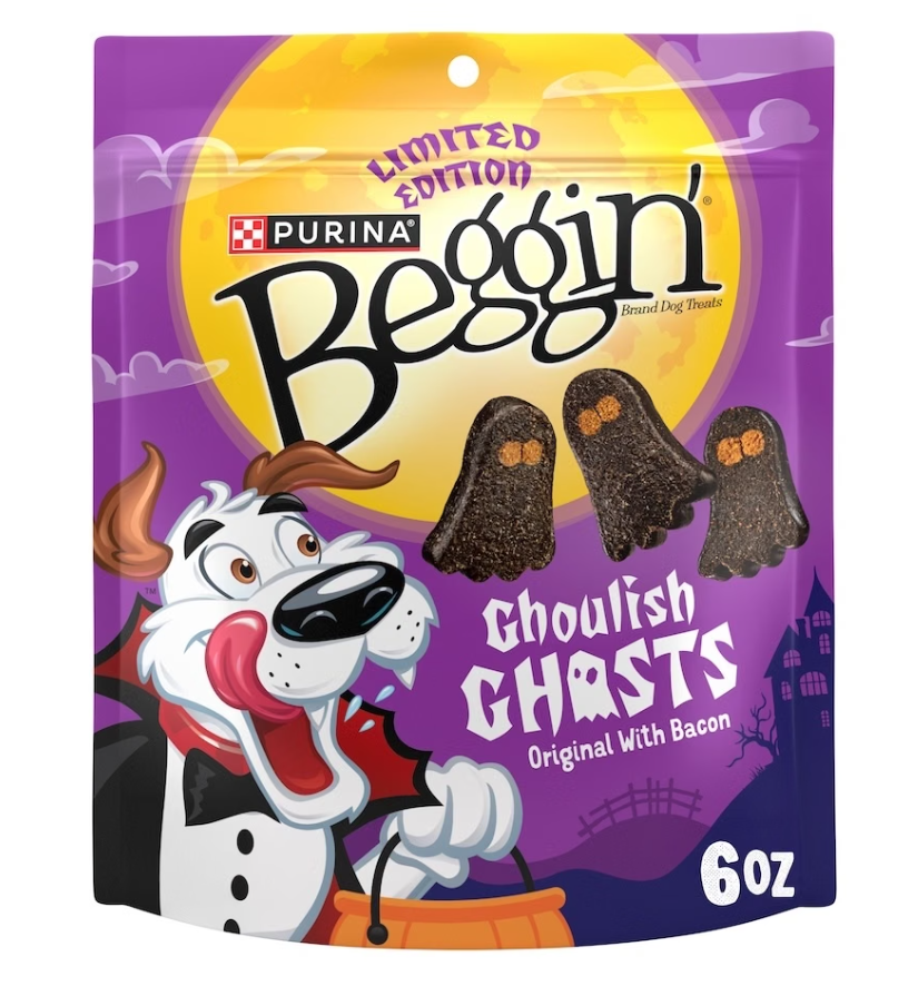 Purina Beggin' Ghoulish Ghosts dog treats package with bacon flavor, limited edition Halloween design featuring cartoon dog character