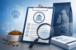Pet care compliance illustration with checklist, food bowl, magnifying glass, and regulatory emblem on blue background