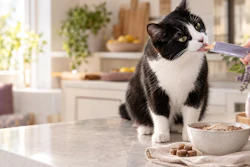 Black and white cat being offered food with a brush in a bright, modern kitchen with plants and bowls on the counter