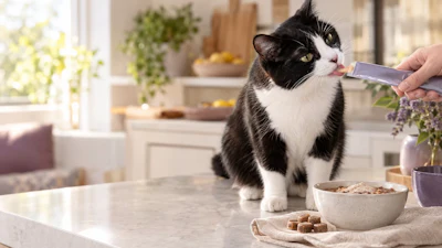 Black and white cat being offered food with a brush in a bright, modern kitchen with plants and bowls on the counter