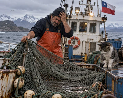 Fisherman on Chilean vessel mending nets with snowy mountains and cat nearby