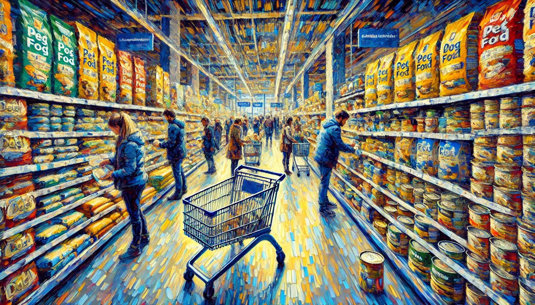 Artistic illustration of a grocery store aisle lined with colorful packaged products, shoppers browsing shelves, and a shopping cart in the foreground.