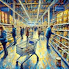 Artistic illustration of a grocery store aisle lined with colorful packaged products, shoppers browsing shelves, and a shopping cart in the foreground.