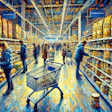Artistic illustration of a grocery store aisle lined with colorful packaged products, shoppers browsing shelves, and a shopping cart in the foreground.