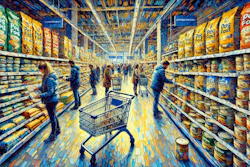 Artistic illustration of a grocery store aisle lined with colorful packaged products, shoppers browsing shelves, and a shopping cart in the foreground.