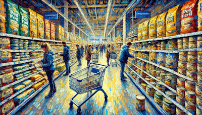 Artistic illustration of a grocery store aisle lined with colorful packaged products, shoppers browsing shelves, and a shopping cart in the foreground.
