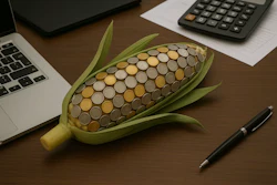 Corn-shaped container filled with coins on wooden desk beside laptop and calculator