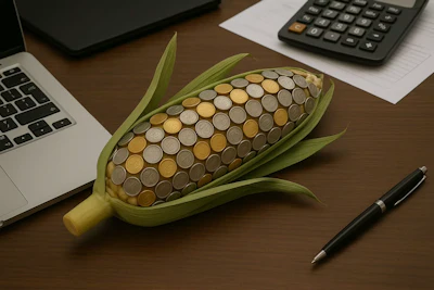 Corn-shaped container filled with coins on wooden desk beside laptop and calculator